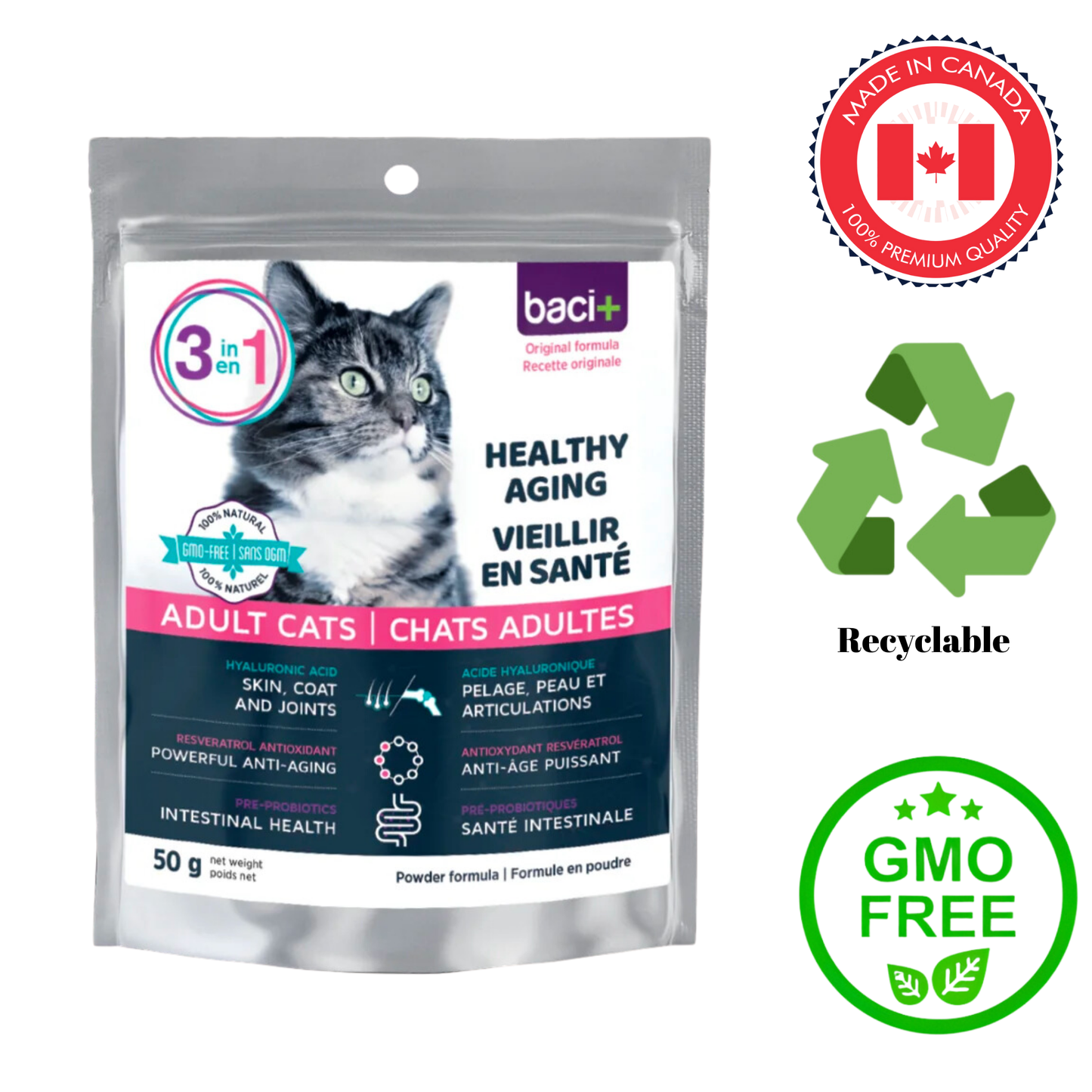 Baci adult healthy aging cat supplements 50g powder for skin coat joints and intestinal health
