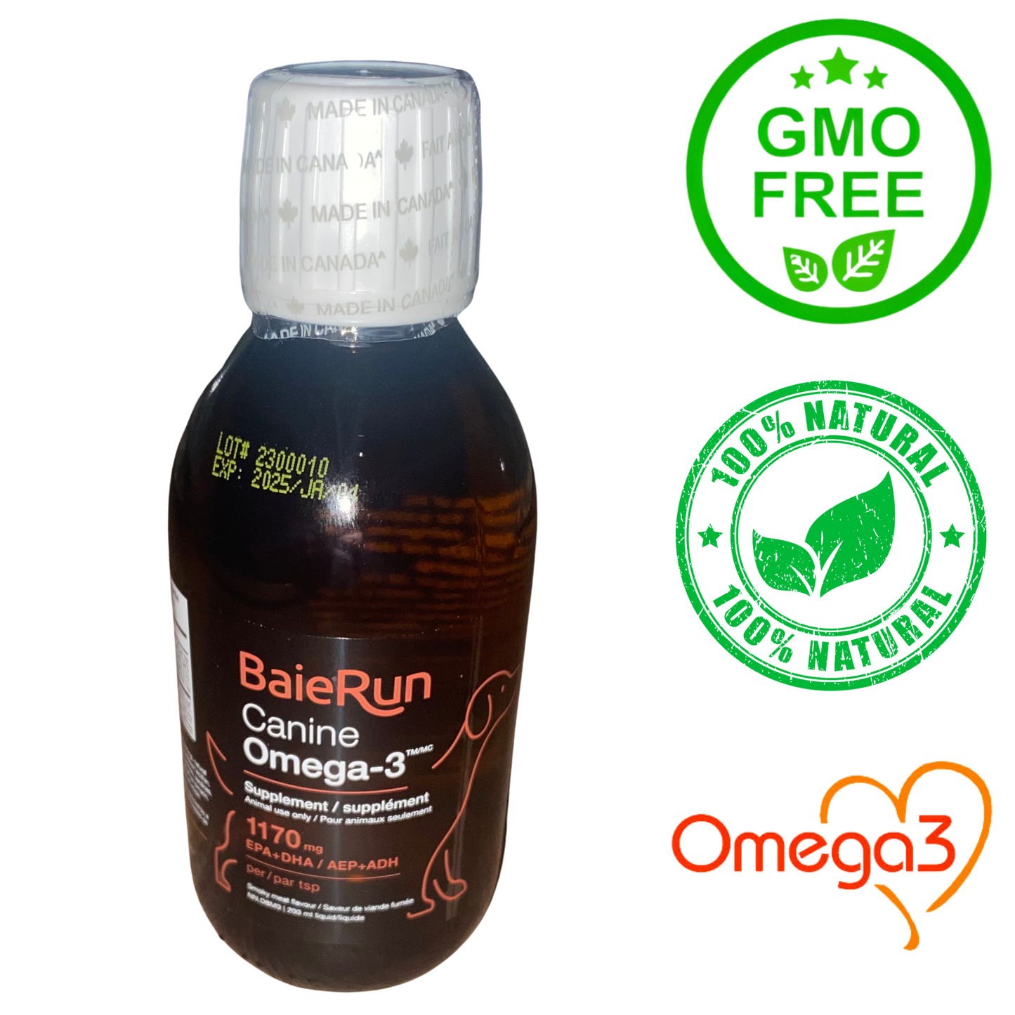 BaieRun Canine Omega 3 supplement bottle for dog health with GMO free and 100 percent natural labels