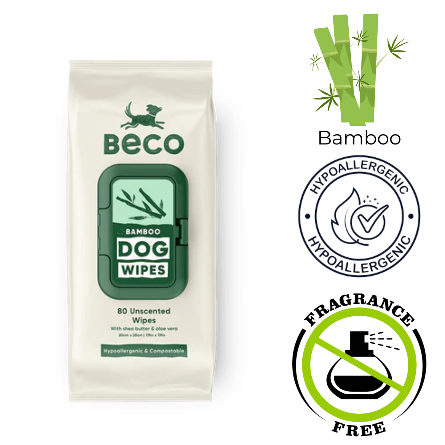 Beco bamboo unscented dog wipes in a pack of 80, hypoallergenic and fragrance free for pet hygiene
