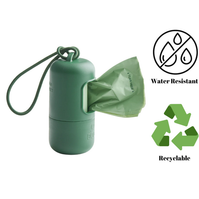 Beco recycled plastic poop bag dispenser in green with water resistant and recyclable features