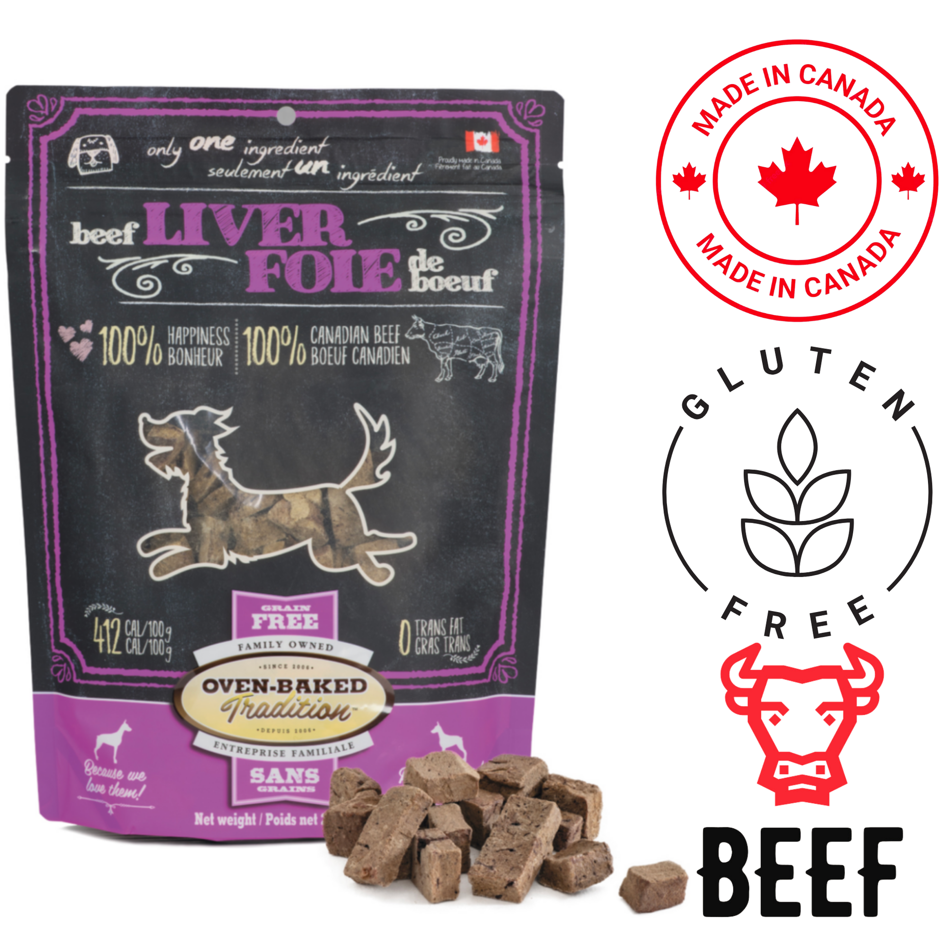 Oven Baked Tradition oven baked beef liver treats in a bag with a playful dog graphic