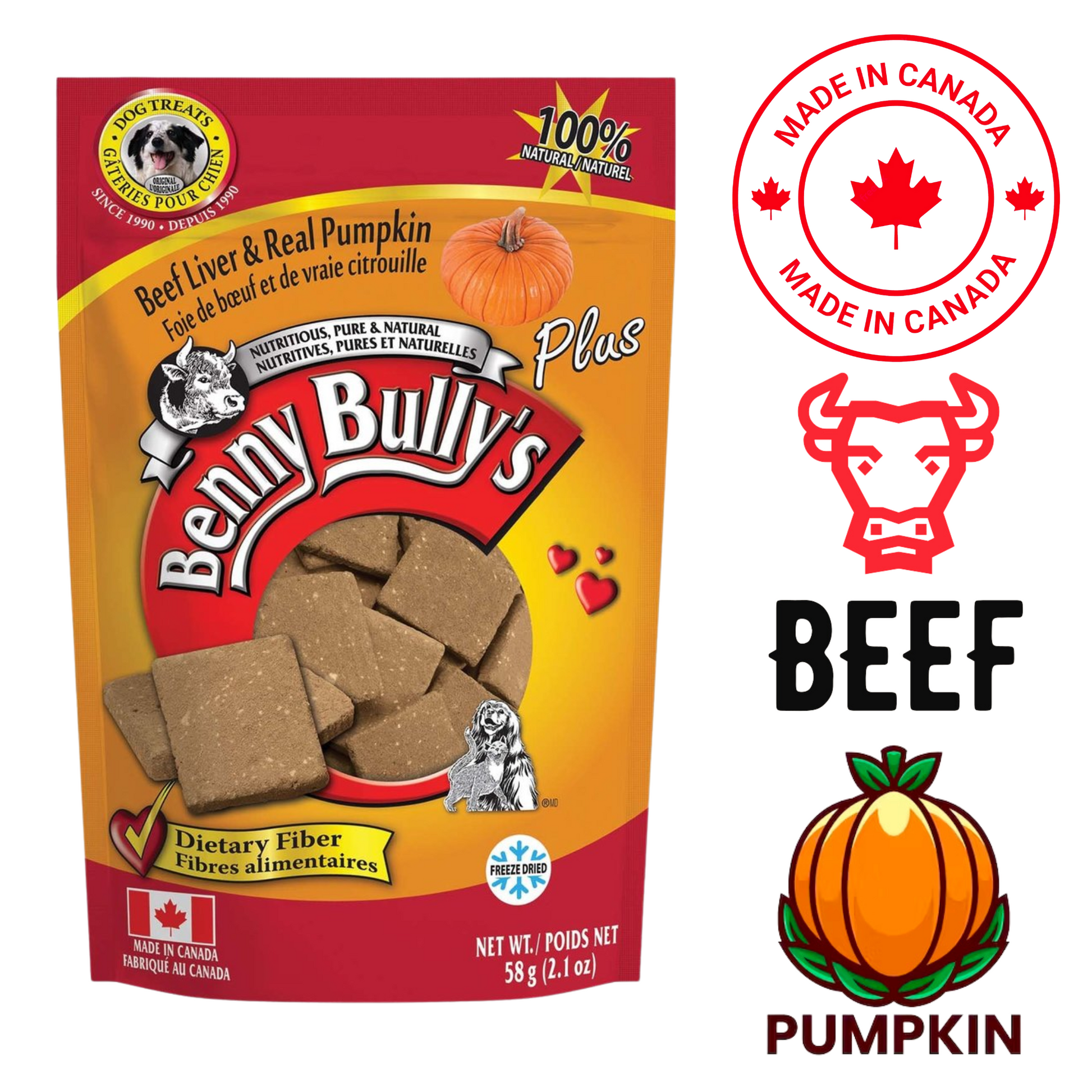 Benny Bullys liver and pumpkin dog treats packaging with beef liver and real pumpkin flavor, 58 gram bag