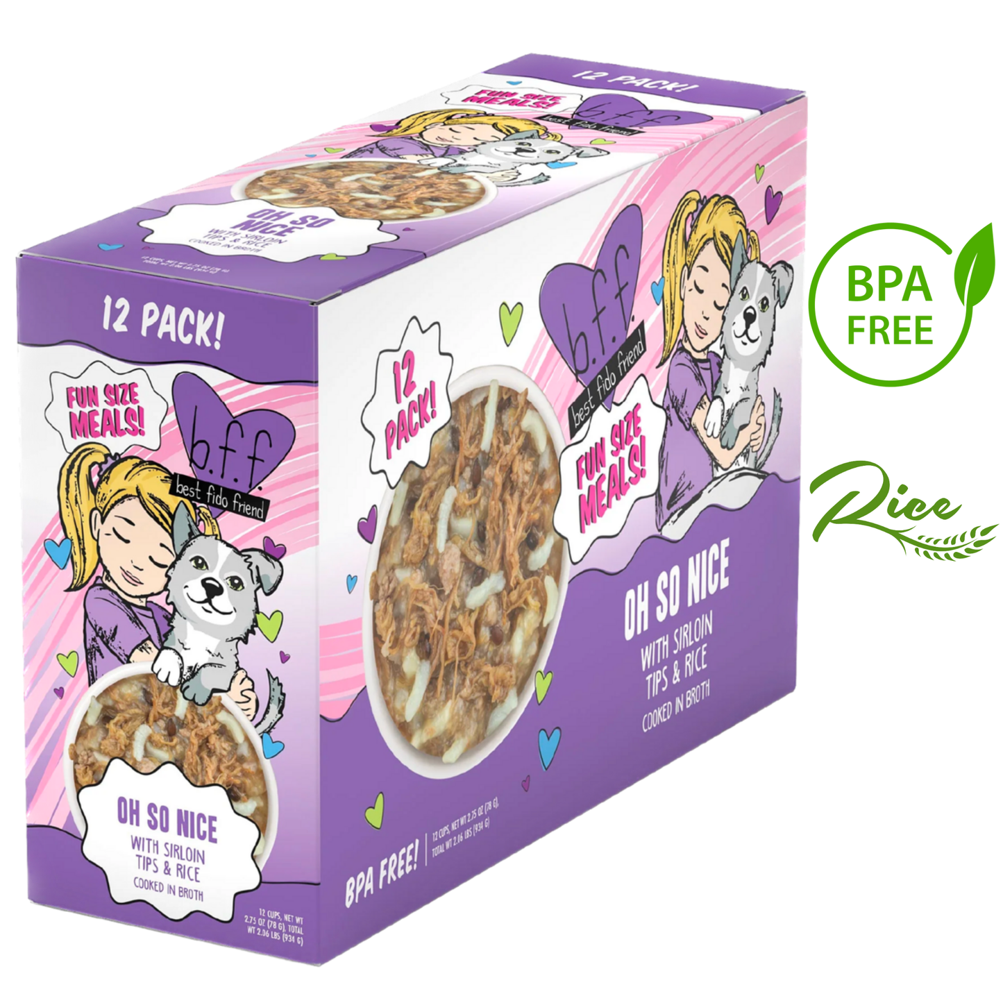 Weruva wet dog food in a 12-pack with beef and rice, BPA-free packaging for healthy pups