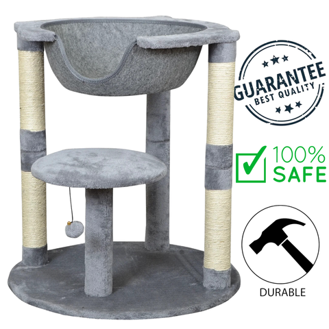 budz cat play tower with suspended bed in gray featuring scratching posts and soft plush surfaces