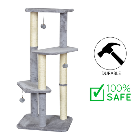 BuD'z budz cat tree with sisal posts in gray with multiple platforms and hanging toys for cats