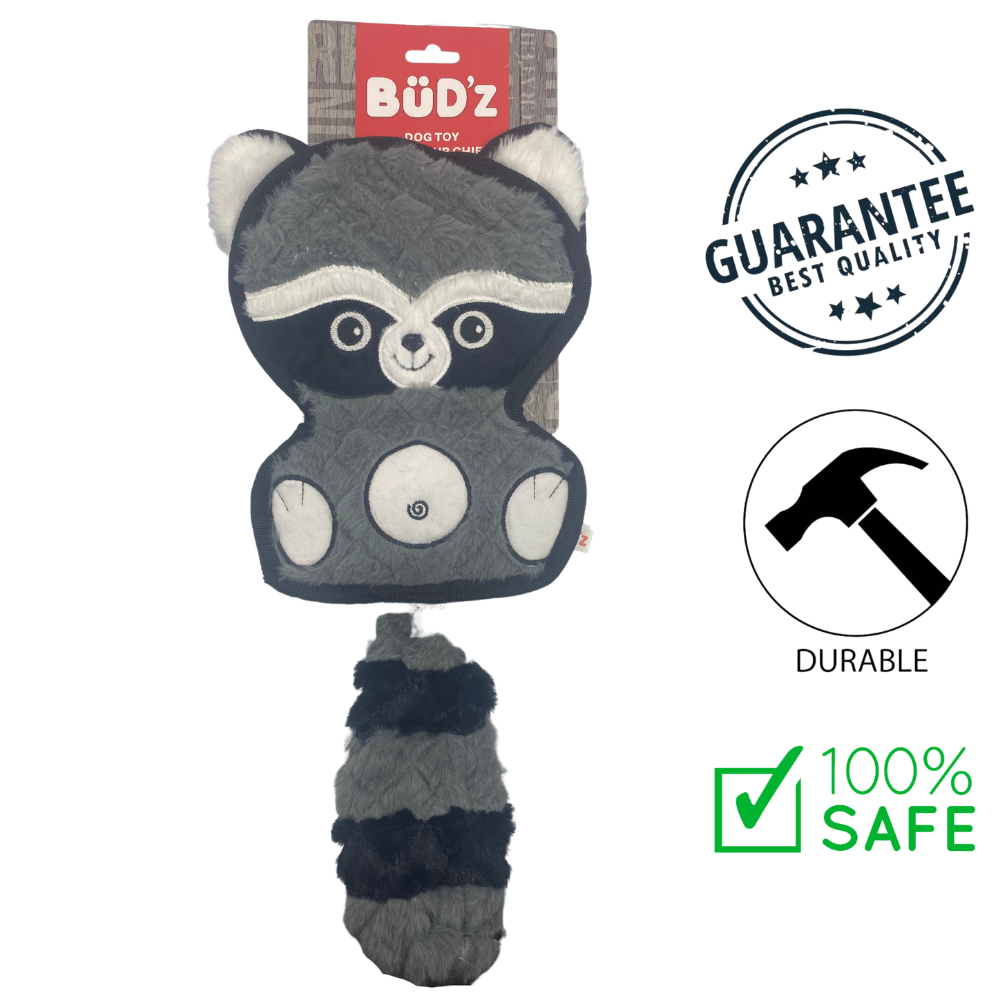 BuD'z budz crinkle raccoon dog toy made with durable and safe materials for dogs