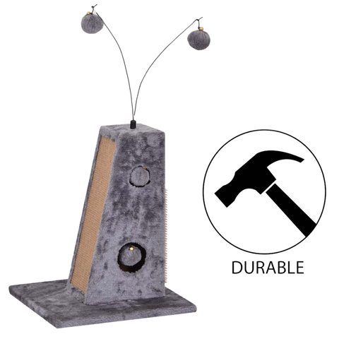 BuD'z budz Elias cat scratch station with gray plush fabric and hanging ball toys, durable design