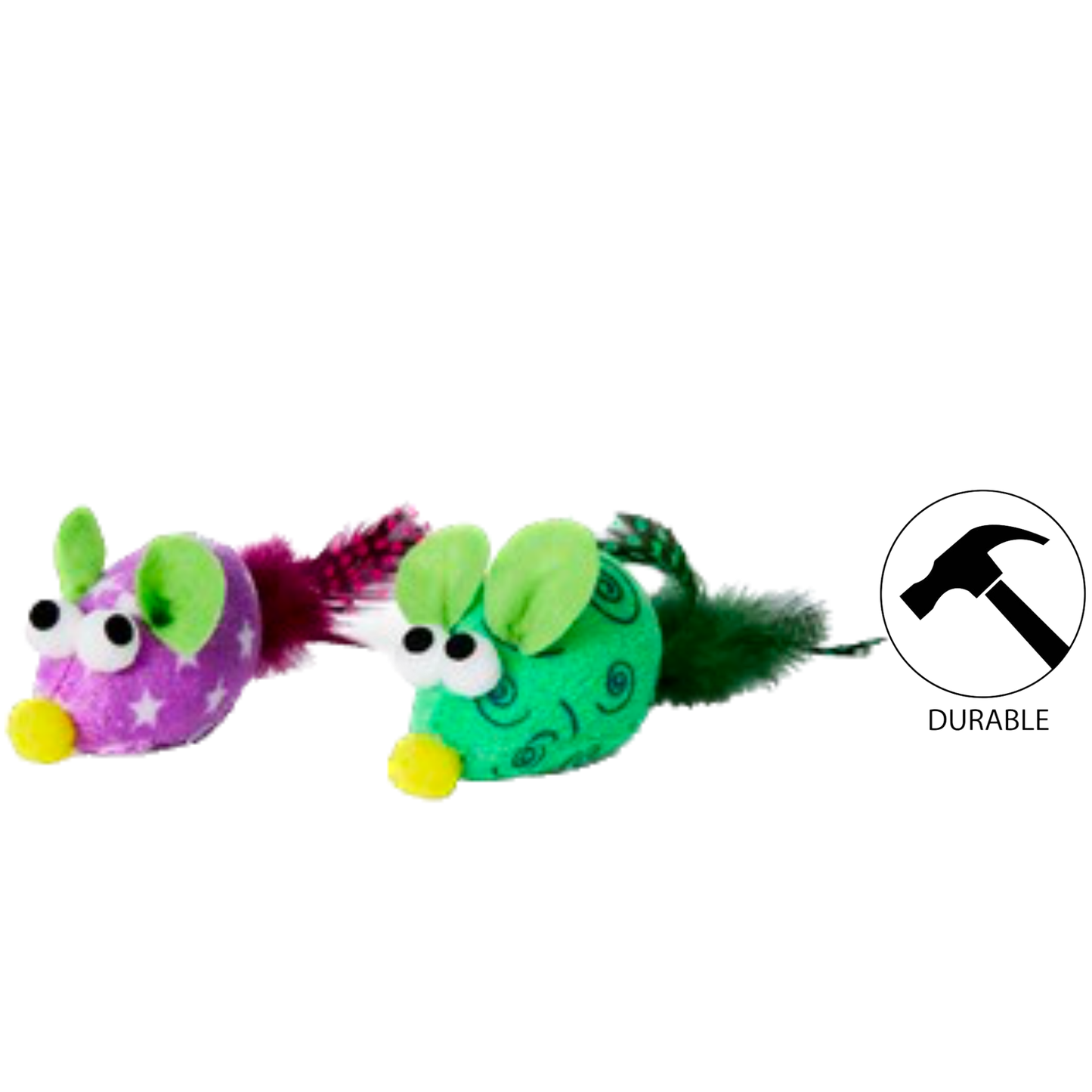 budz mouse mix colours bulk cat toy set with green and purple fabric mice featuring feathers and large eyes