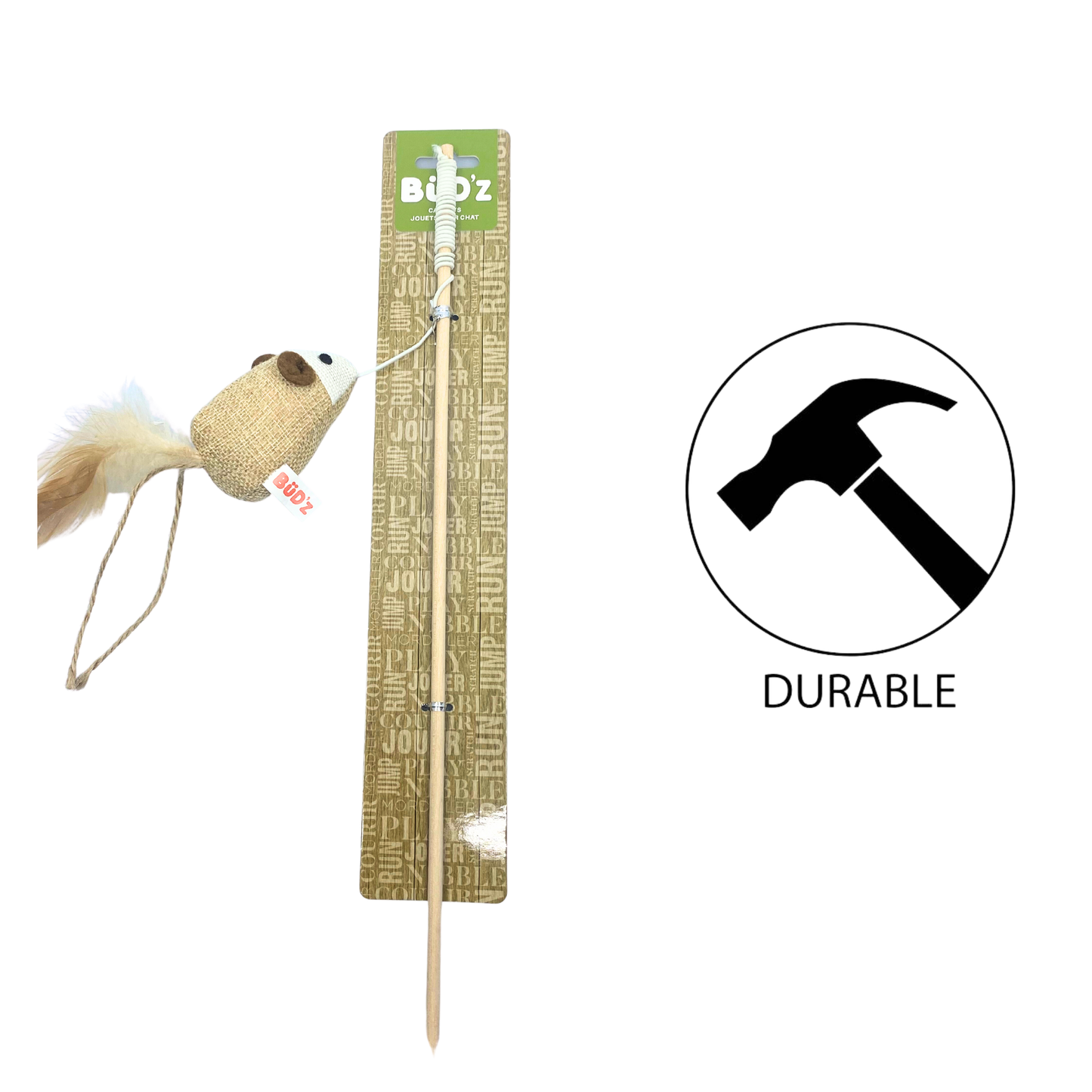 BuD'z mouse toy attached to a wooden stick budz mouse swing stick cat toy for interactive feline play