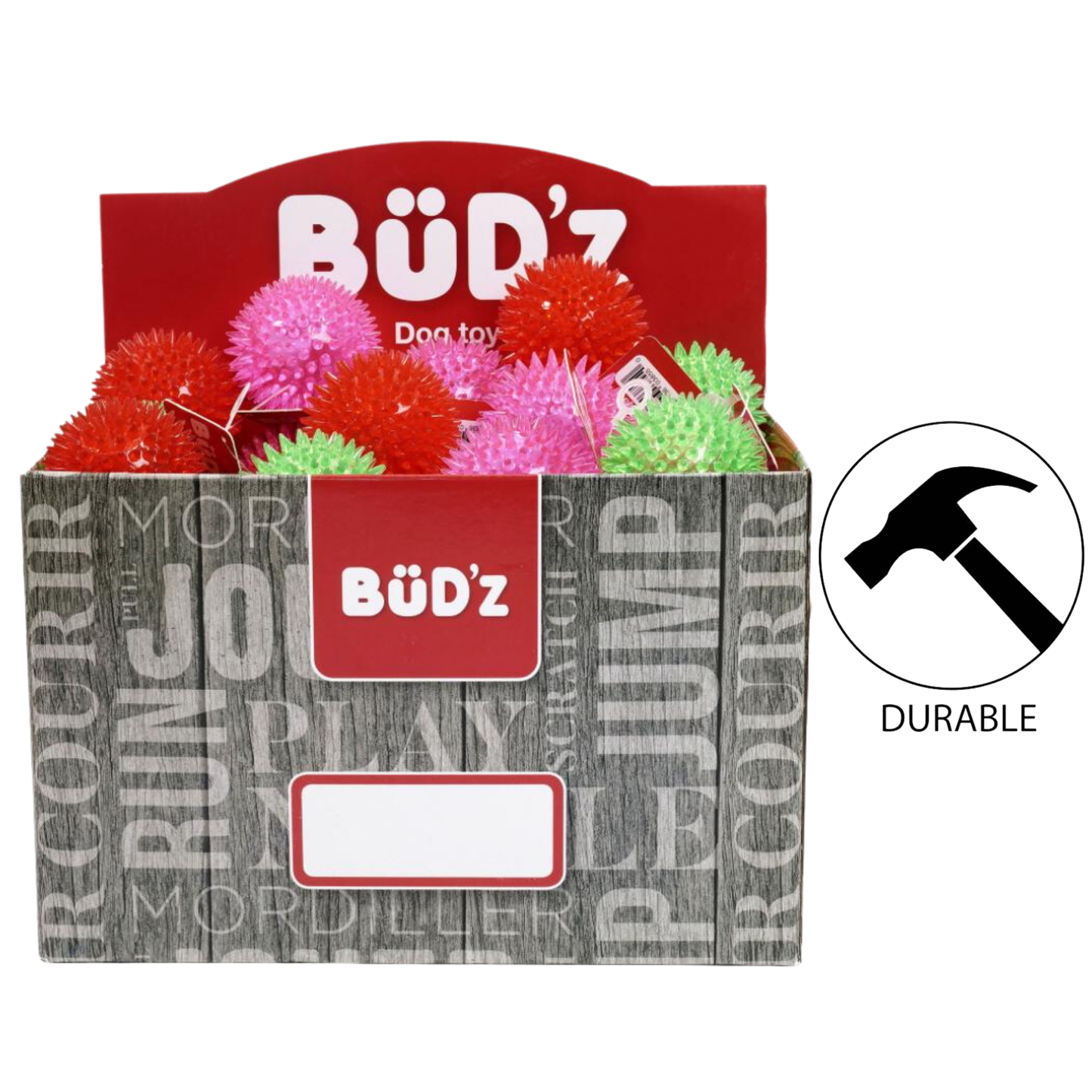 BuD'z budz plain rubber balls with spikes in red, pink, and green colors for dog play