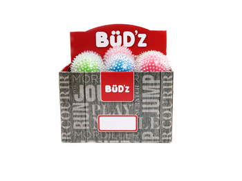 BuD'z transparent dog ball toy set with colorful spiked balls in branded display box