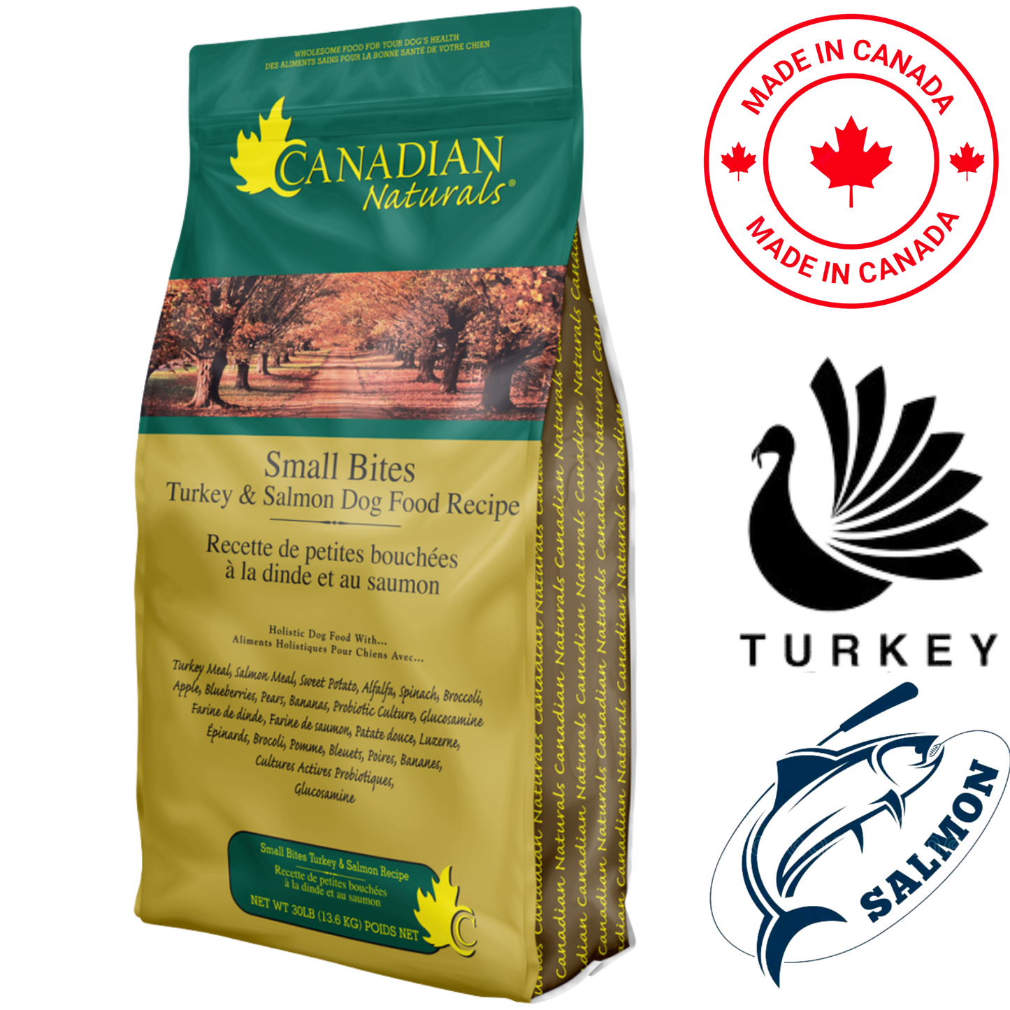 Canadian Naturals Small Bites bag of turkey and salmon dry dog food with Made in Canada label