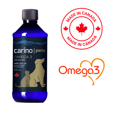 Carino Omega 3 pet supplement in blue bottle for dog and cat care with harp seal oil and love DPA