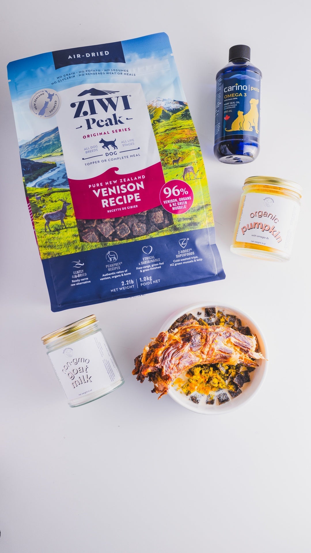 Carino Omega 3 pet supplement with ZIWI Peak Venison Recipe and organic pumpkin for dog and cat care