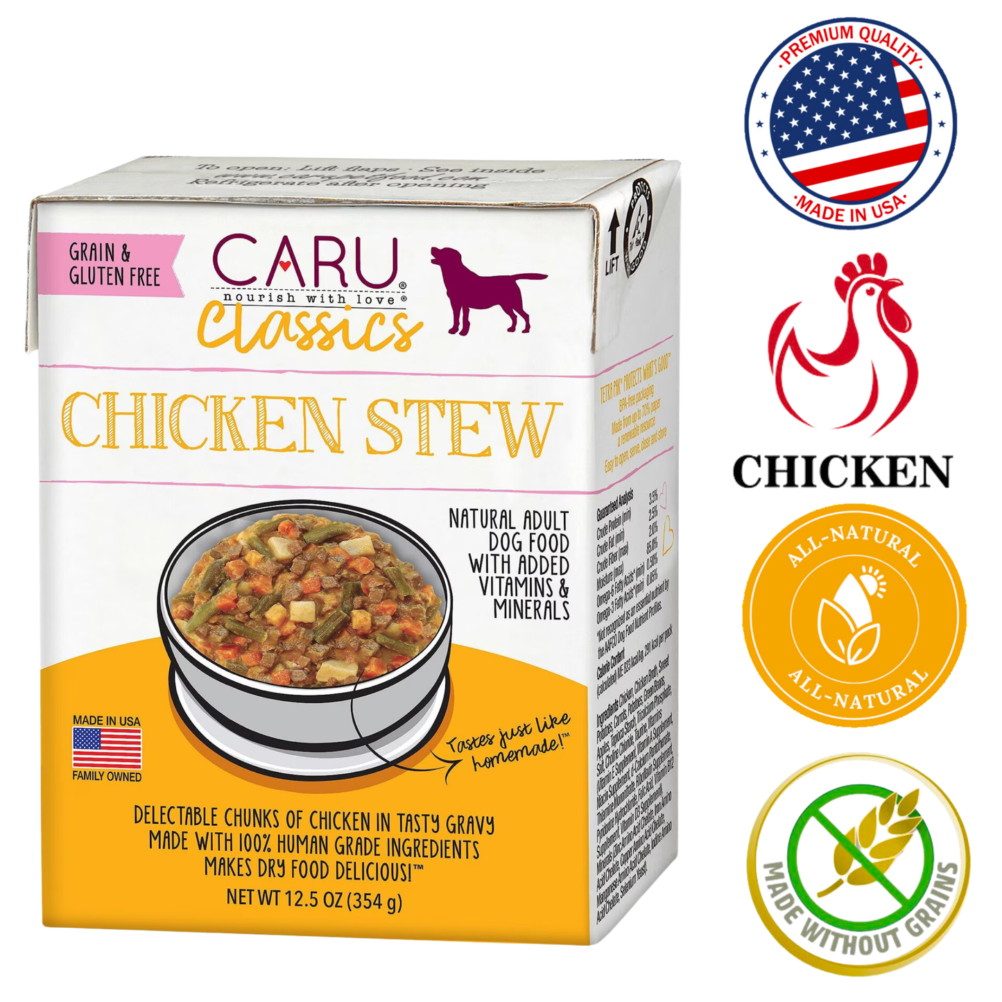 Caru chicken stew for dogs wet food box with natural chicken chunks and vitamins in gravy