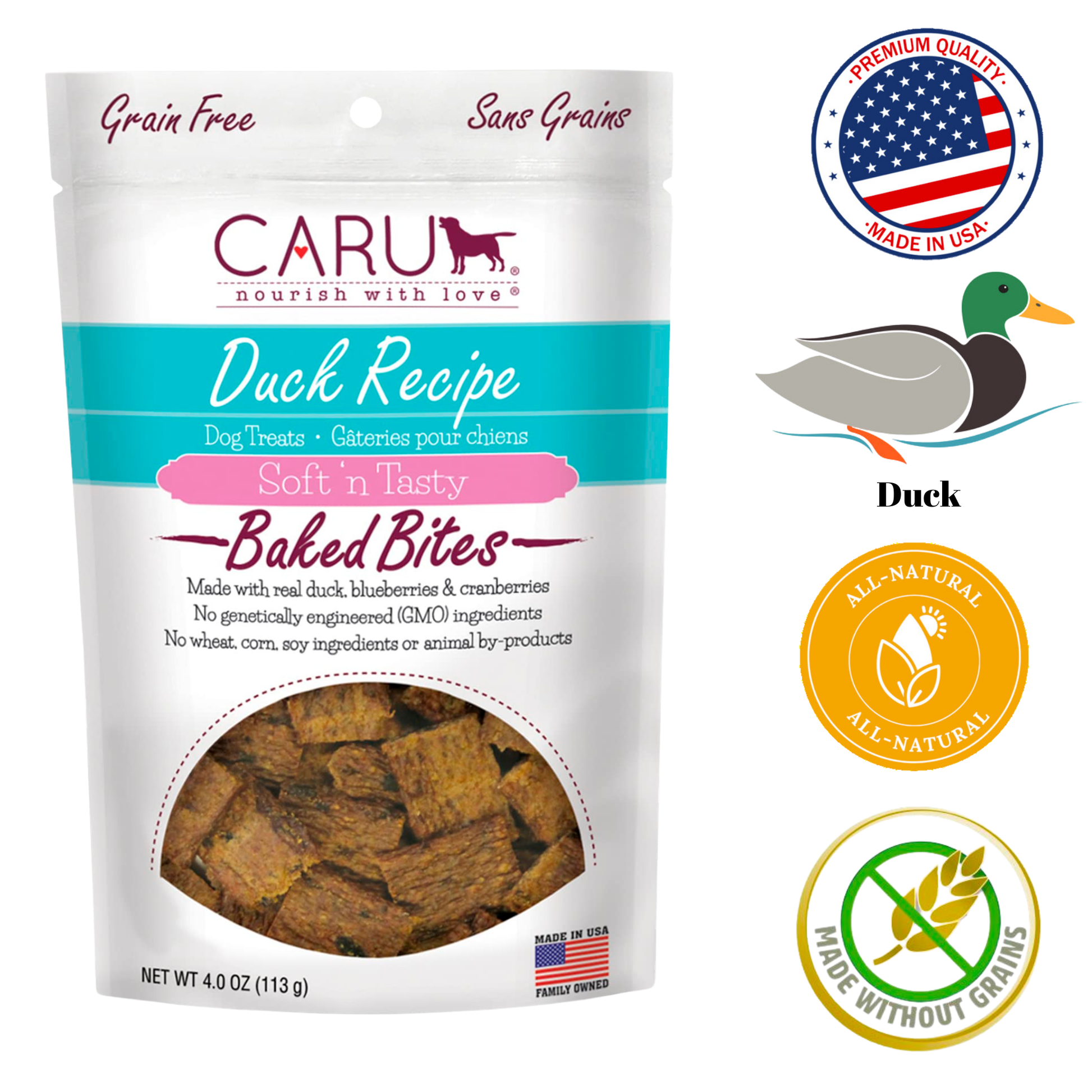 Caru duck bites dog treats in a 4 oz bag, grain-free and all-natural with a soft texture