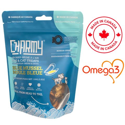 Charmy air dried blue mussels cat and dog treats in a resealable pouch for healthy snacks