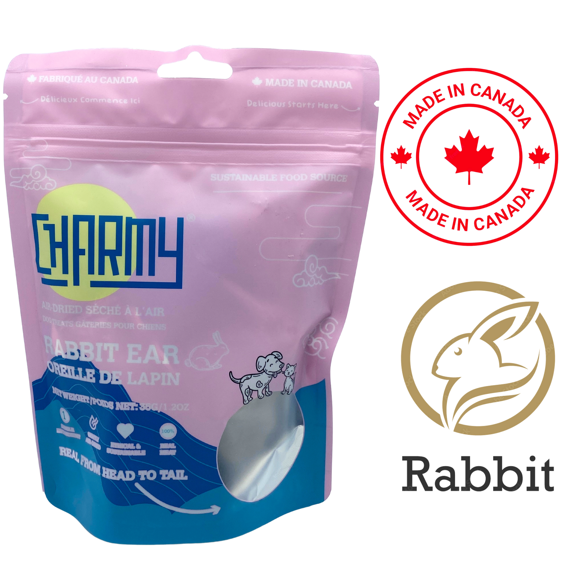 Charmy air dried rabbit ear dog treat in resealable pink and blue bag made in Canada