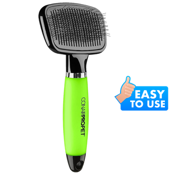 Conairpro self-cleaning dog brush with green handle and easy to use design for pet grooming