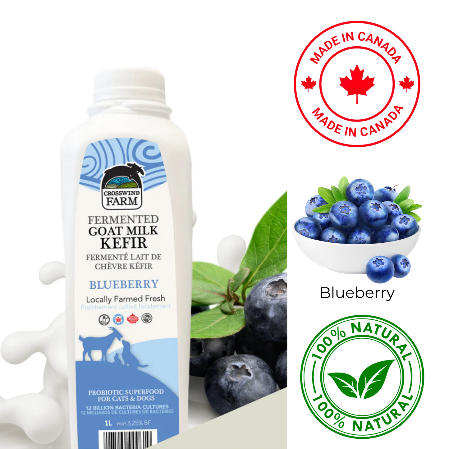 Crosswind Farms goat milk kefir blueberry for pets in a 1L bottle with blueberries and natural ingredients