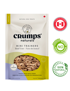 Crumps' Natural Beef Liver Mini Trainers for Dogs in a resealable package, made with 100% natural ingredients