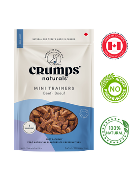 Crumps' Natural Beef Mini Training Treats in a resealable bag with a soft and chewy texture