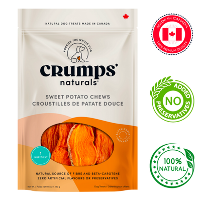 Crumps' Natural Sweet Potato Dog Treats in a resealable bag, made with 100 percent natural ingredients