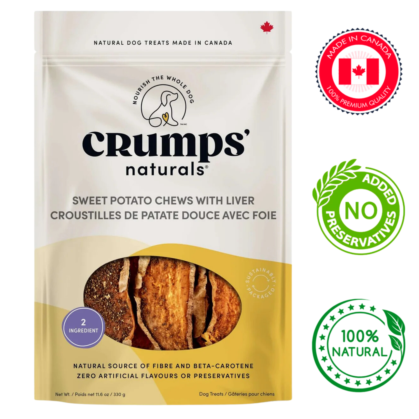 Crumps' Natural Sweet Potato Liver Chews for Dogs in a resealable bag with quality assurance icons