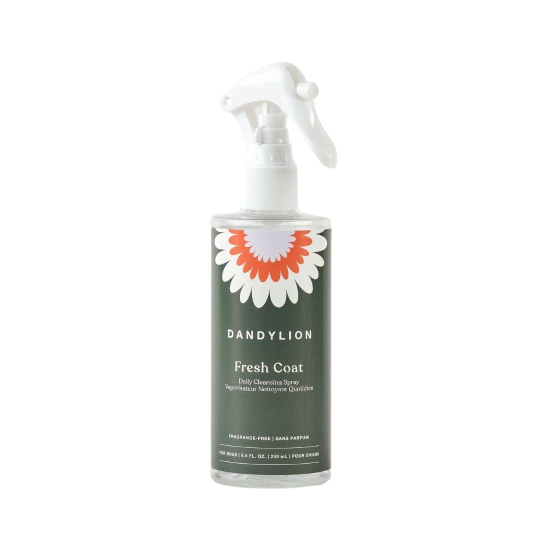 Dandylion Fresh Coat no-rinse dog spray in a clear bottle with spray nozzle for daily cleaning