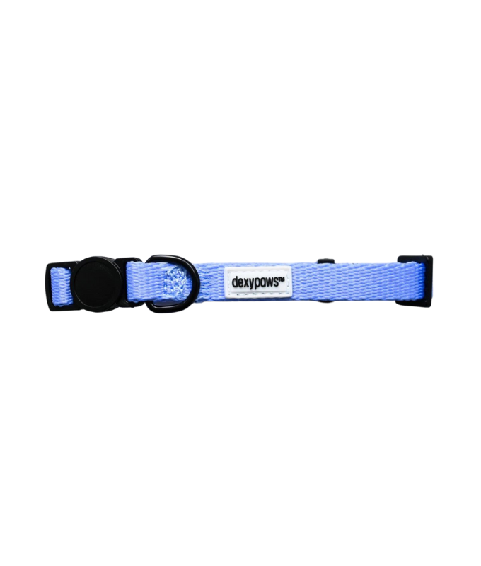 Light blue Dexypaws cat collar with black buckle and metal ring for pet identification and safety