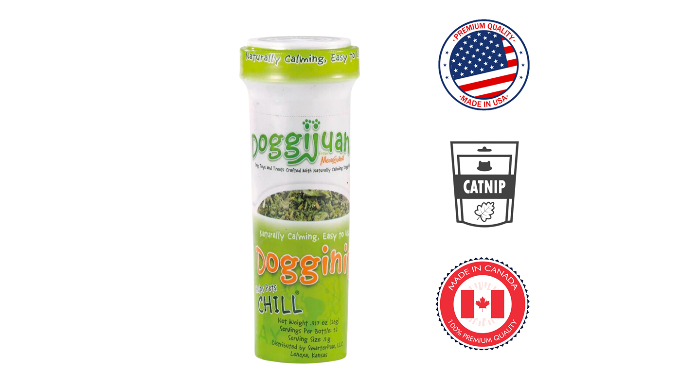 Doggijuana Juananip Chill Dog Treats in a green tube for calming dogs with catnip