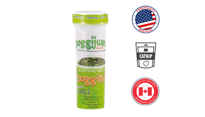 Doggijuana Juananip Chill Dog Treats in a green tube for calming dogs with catnip