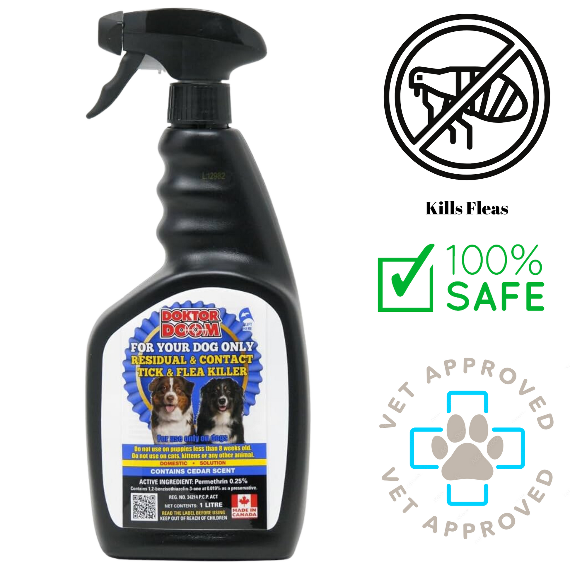 Doktor Doom flea spray for dog in black spray bottle with tick and flea killer label and safety icons
