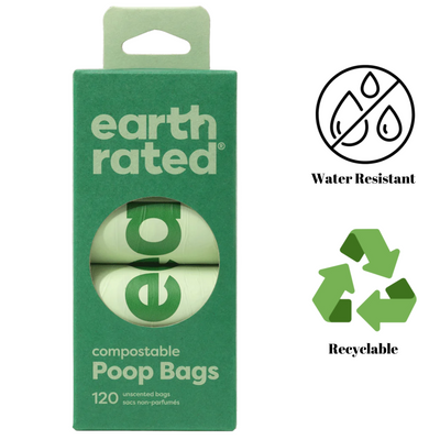 Earth rated unscented compostable dog poop bags in green packaging with water resistant and recyclable icons