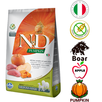 Farmina boar apple dog food bag featuring pumpkin and apple ingredients for adult dogs