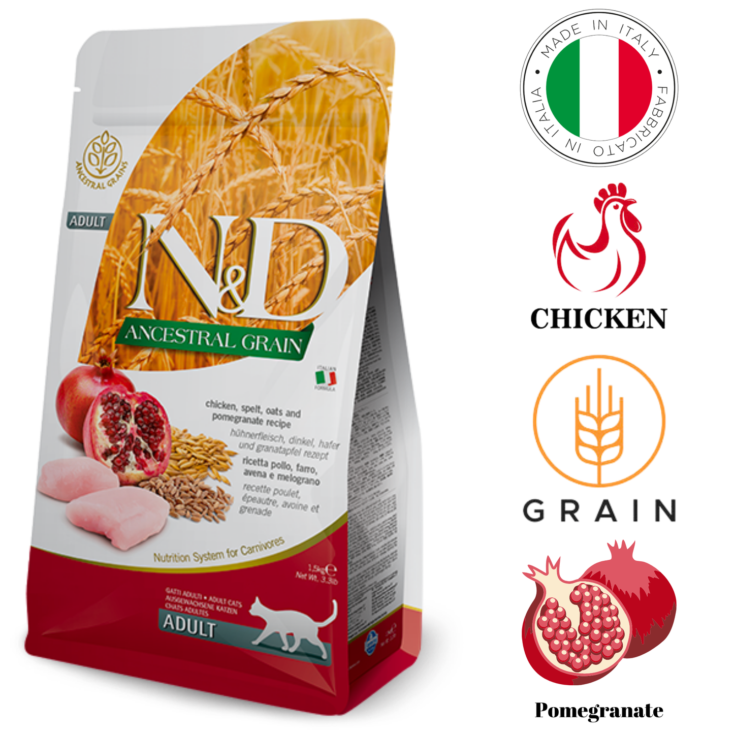Farmina cat food chicken pomegranate in a 1.5 kg bag featuring natural ingredients for adult cats