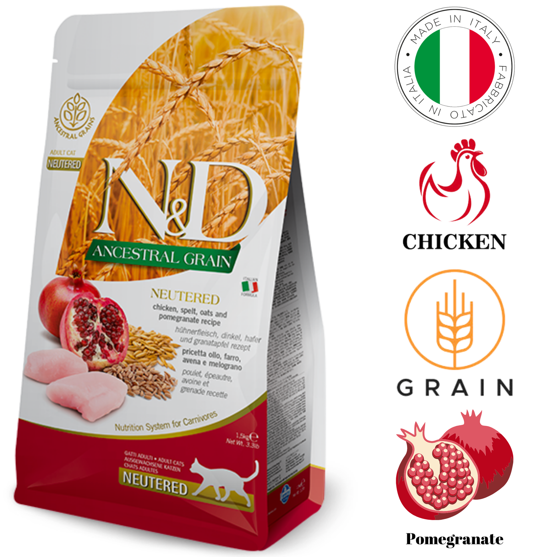 Farmina Chicken and pomegranate neutered cat food in a resealable bag for optimal freshness