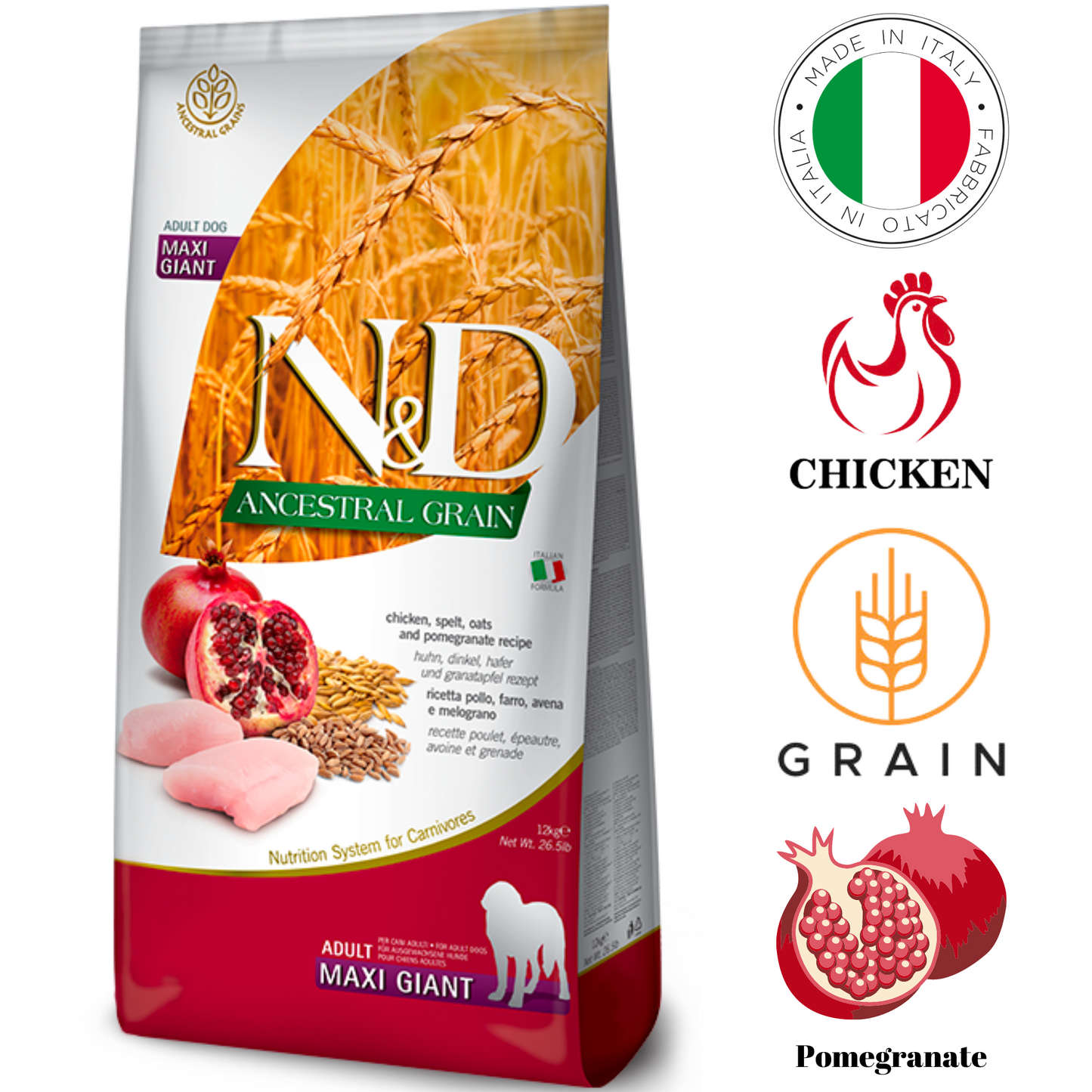 Farmina Chicken Pomegranate Dry Dog Food in a 7kg bag, ideal for adult maxi giant dogs