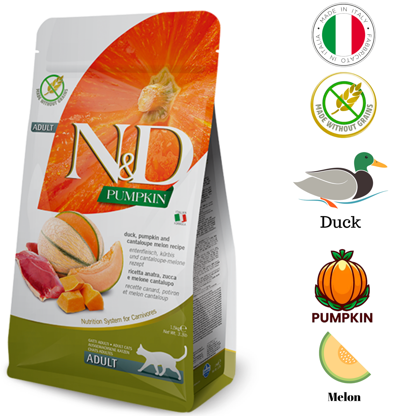 Farmina duck cantaloupe cat food package featuring duck and melon ingredients for adult cats