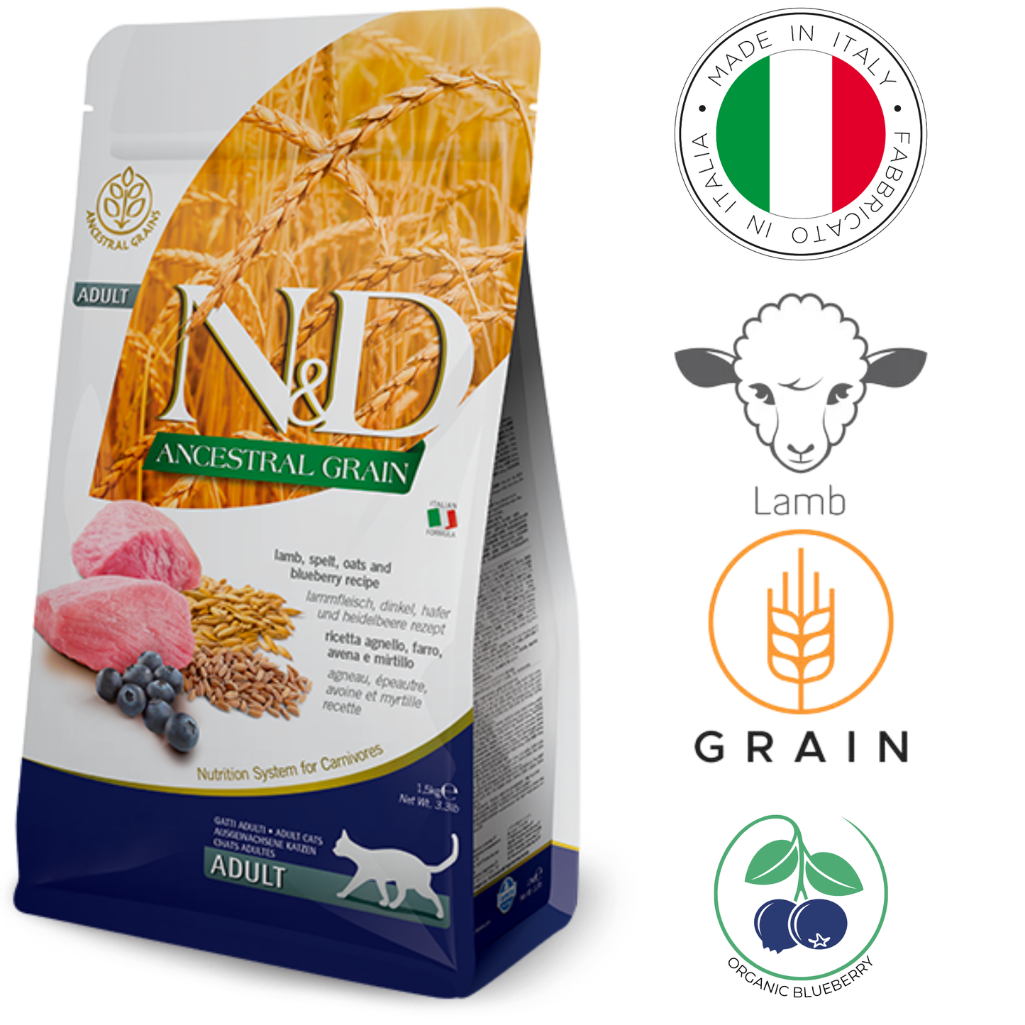 Farmina Lamb and blueberry cat food in a resealable bag with grain and blueberry graphics