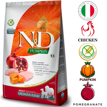 Farmina pumpkin chicken dog food in a bag featuring pumpkin and chicken ingredients for adult dogs