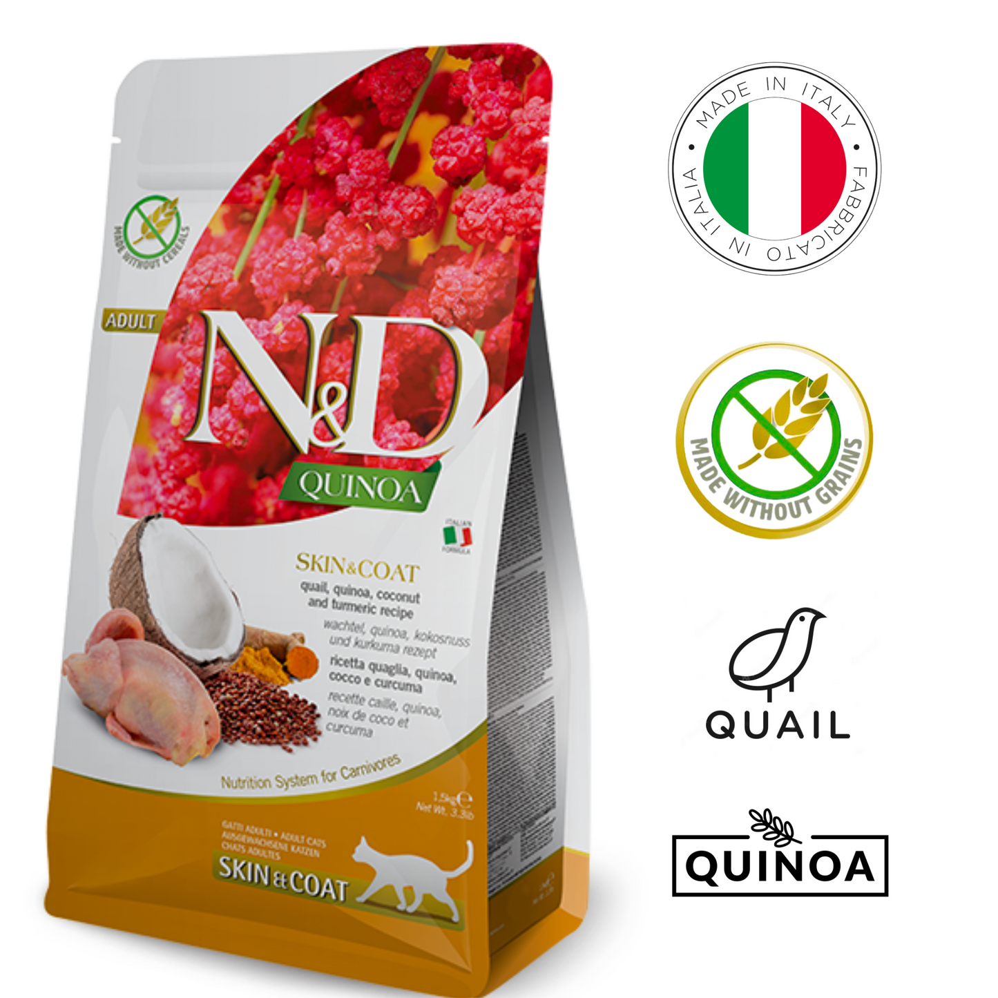 Farmina Quail Quinoa Cat Food in a 1 kg bag designed for adult cats with a focus on skin and coat health