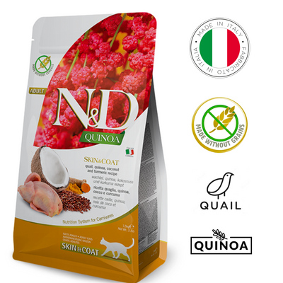 Farmina Quail Quinoa Cat Food in a 1 kg bag designed for adult cats with a focus on skin and coat health