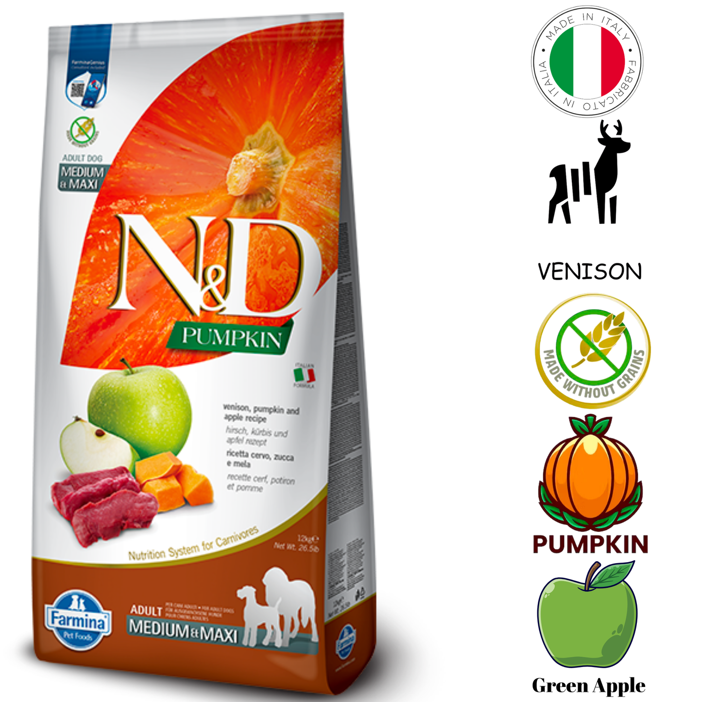 Farmina Venison and Apple Dog Food designed for medium and maxi breeds with premium ingredients