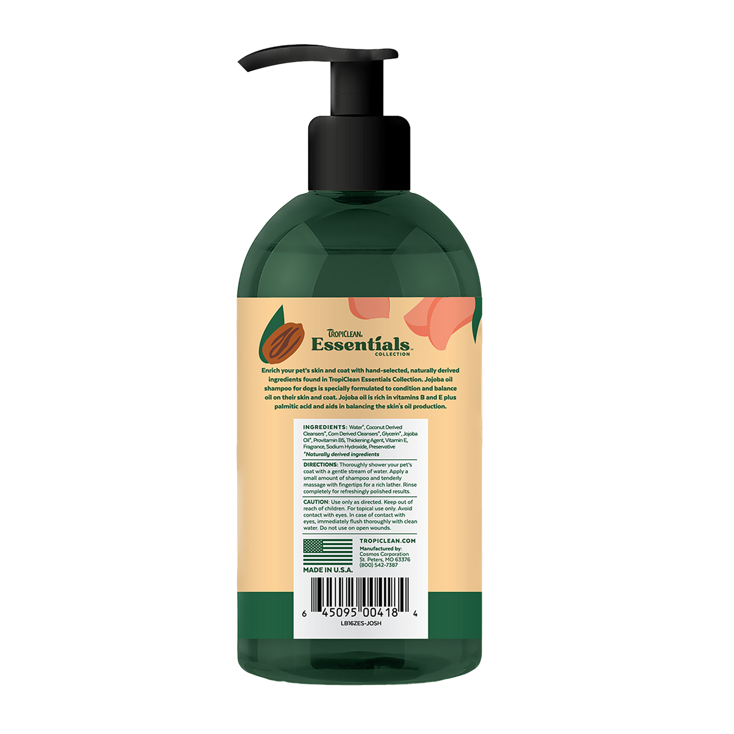 TropiClean Essentials Jojoba Oil & Garden Rose Dog Shampoo 16 oz - Provides a luxurious bath experience with the natural benefits of jojoba oil and garden rose extracts.
