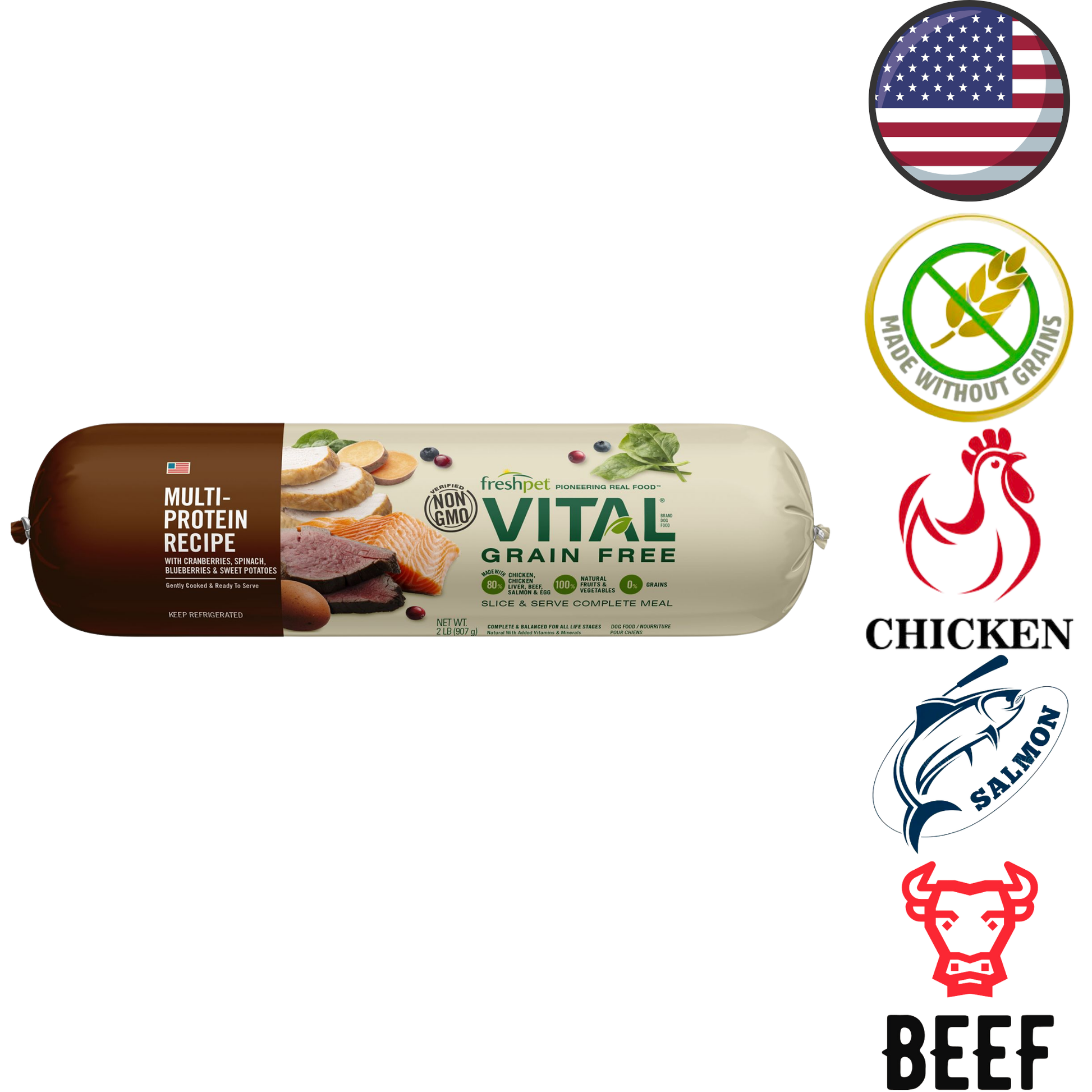 Fresh Pet Vital Chicken Beef Salmon fresh dog food multi-protein recipe grain free roll