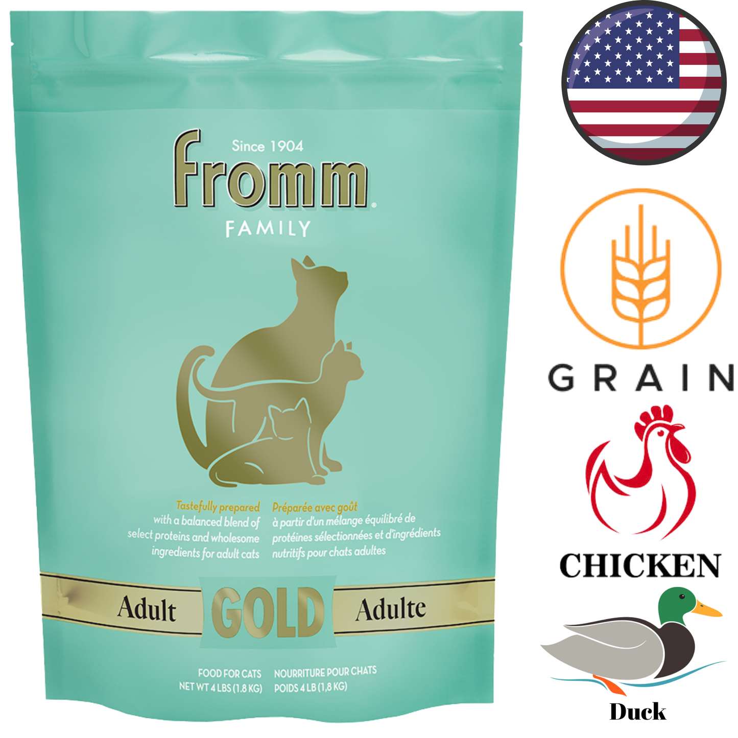 Fromm gold adult cat food dry kibble in turquoise packaging with chicken and duck flavor for adult cats