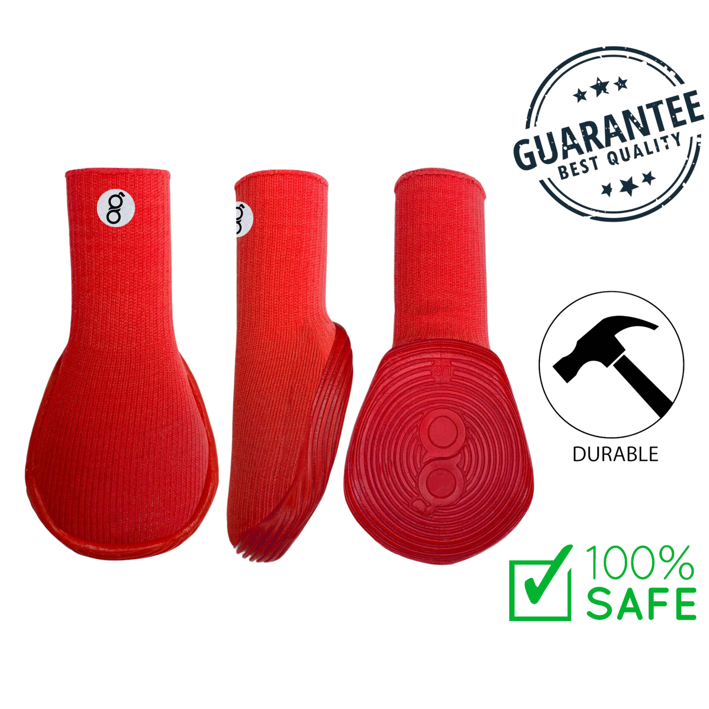 Gooeez small dog red boots showing top, side, and sole views with durable and safe features