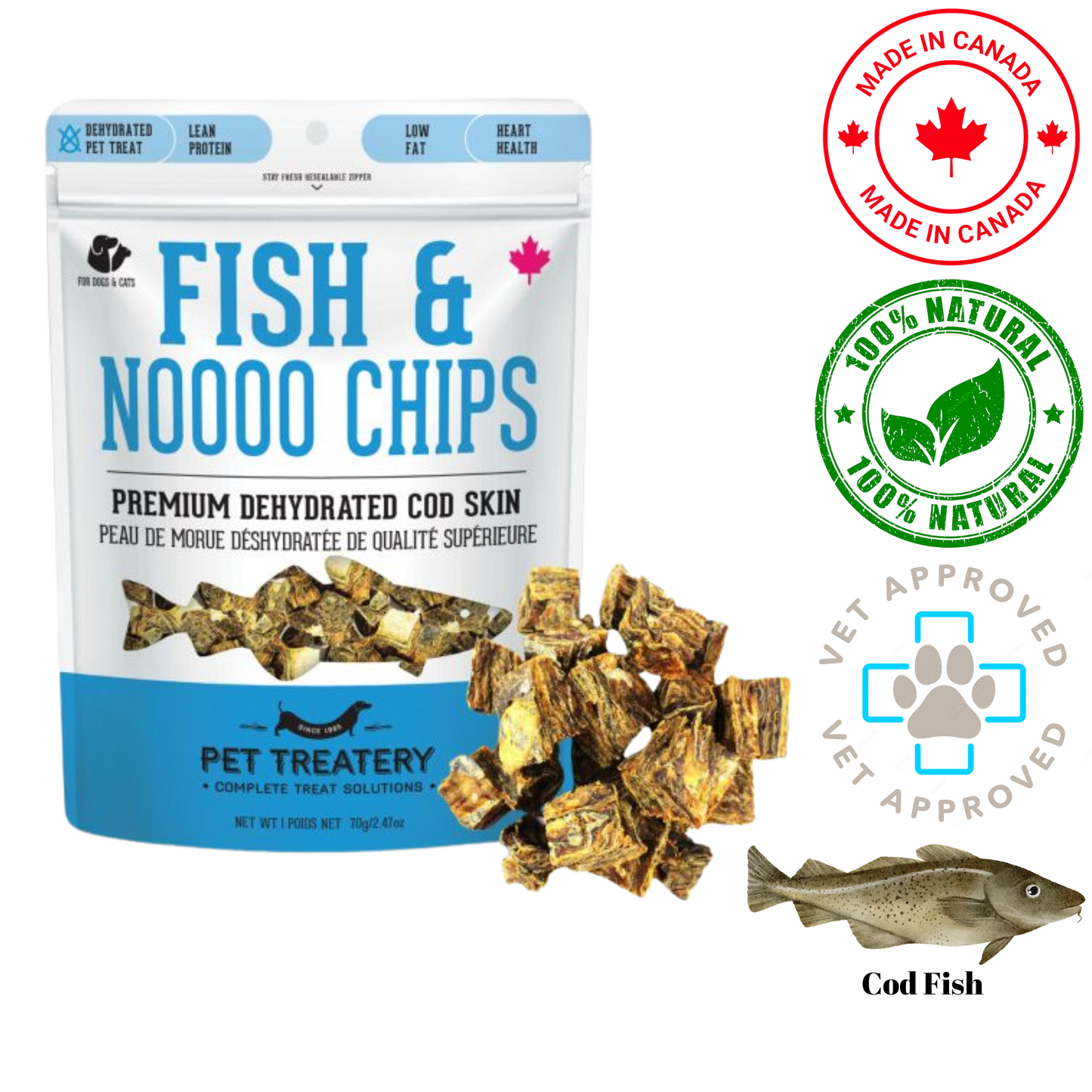 Granville dehydrated cod skin dog treats Fish & Noooo Chips premium natural low fat pet treat