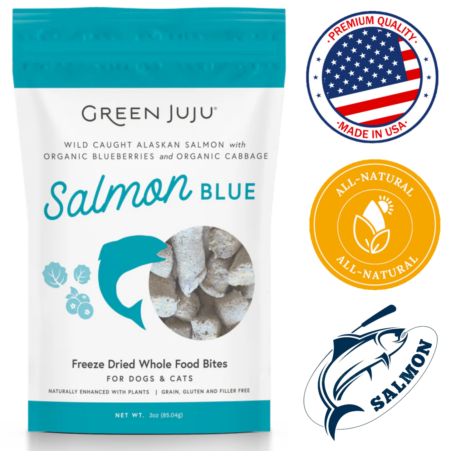 Green Juju salmon blue freeze dried whole food bites for dogs and cats with wild caught Alaskan salmon